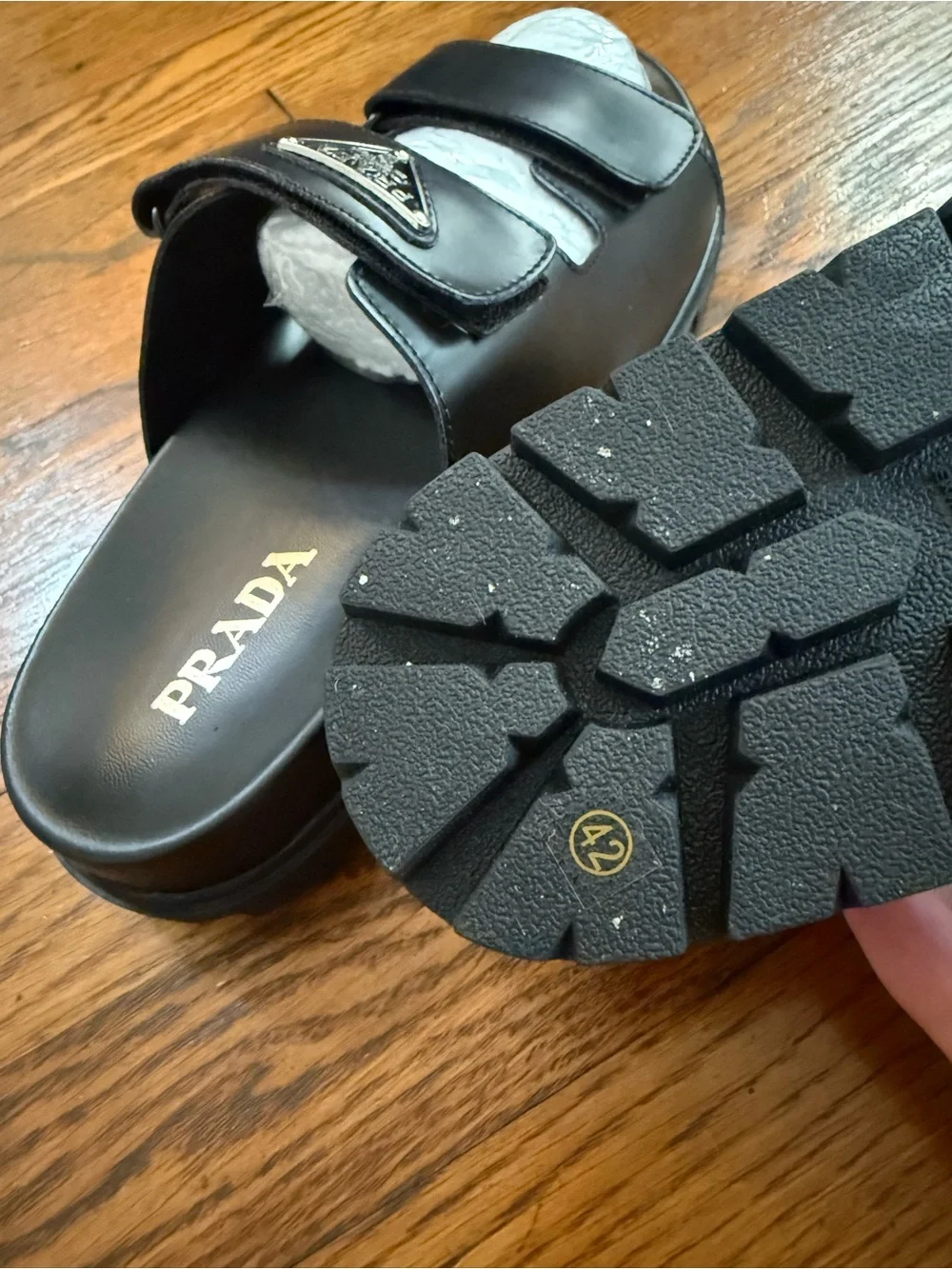 Prada Black Leather Dual-Strap Slide Sandals with Silver Logo - Picture 3 of 4